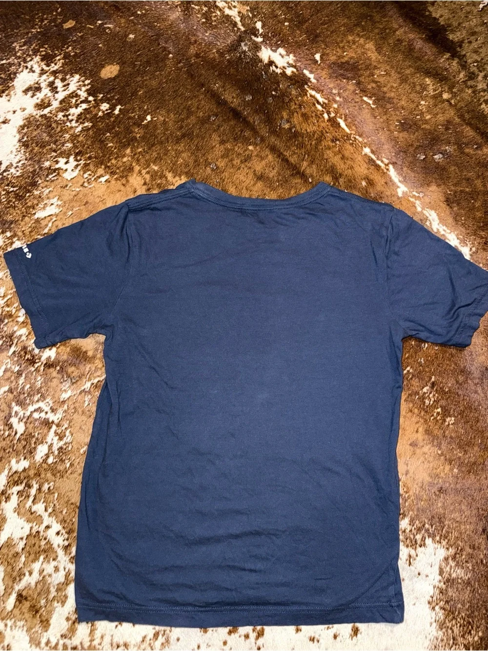 Converse navy tee shirt with white and multi colored logo kids size large
